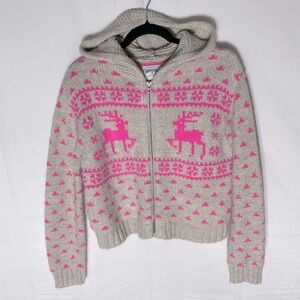 American Eagle Outfitters Beige Pink Elk Print Knit Zip Front Hoodie Sweater S